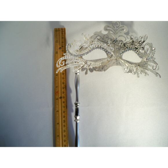 Silver mask with or on stick, bridal prom masquerade costume venetian party mask - Picture 5 of 5